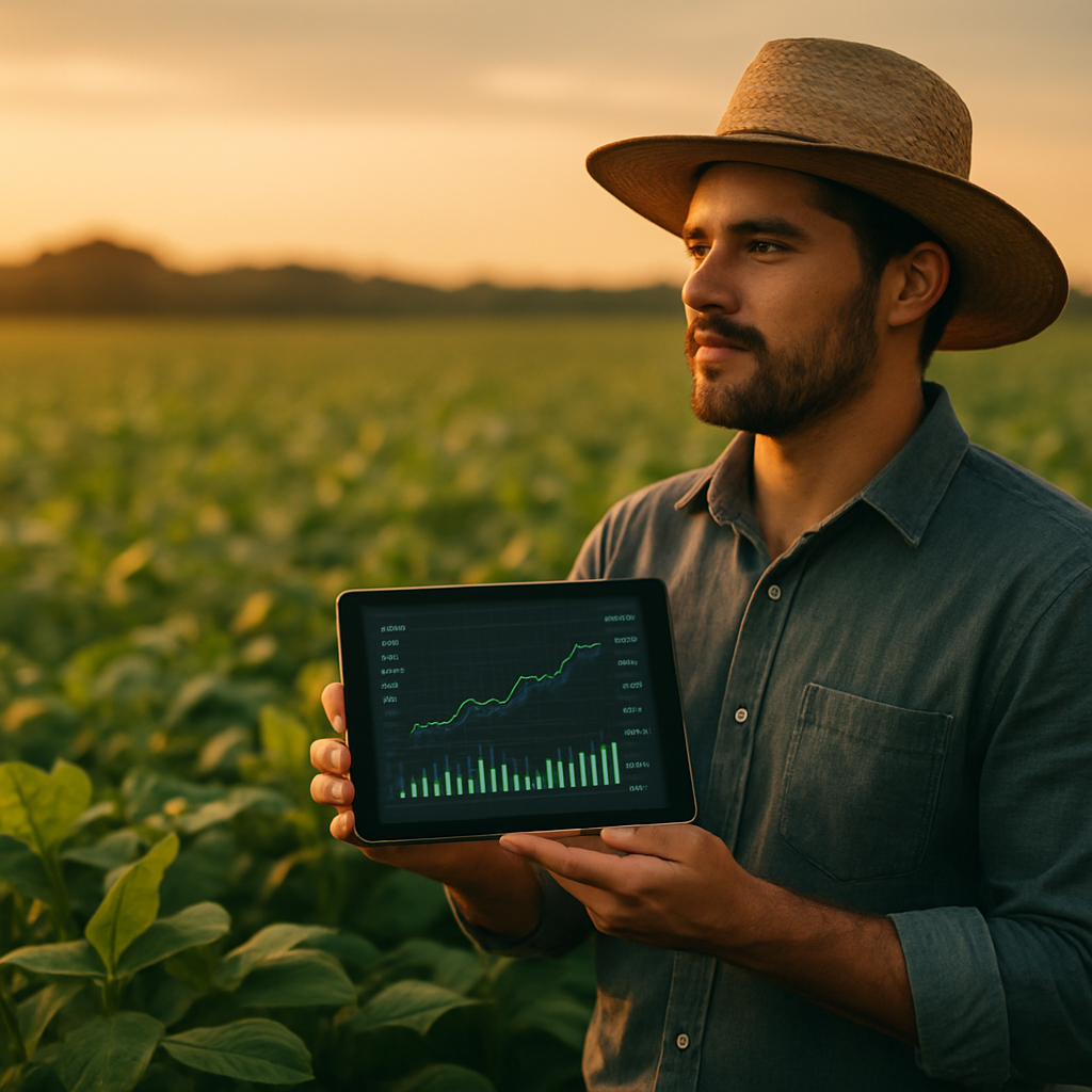 Produtor rural utilizando tecnologia de mercado em lavoura